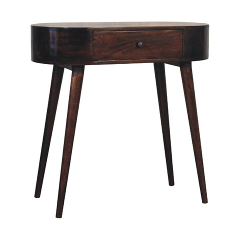 Dark brown wooden albion walnut console table with a single drawer and tapered legs for stylish storage