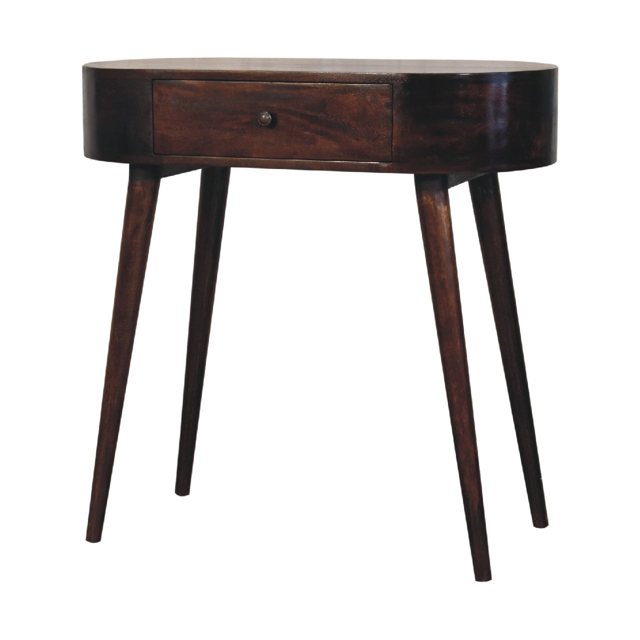 Dark brown wooden albion walnut console table with single drawer and tapered legs perfect for entryway use