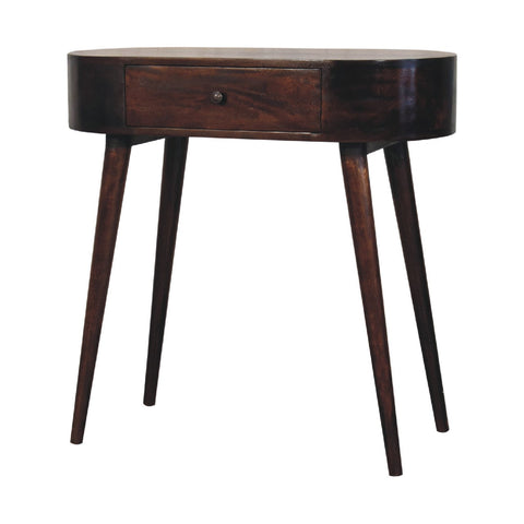Dark brown wooden albion walnut console table with single drawer and tapered legs perfect for entryway use