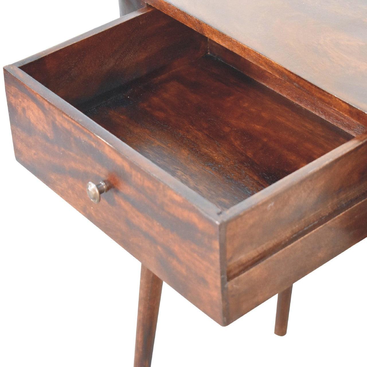 Albion walnut console table dark brown wooden nightstand with single drawer brass knob and tapered legs