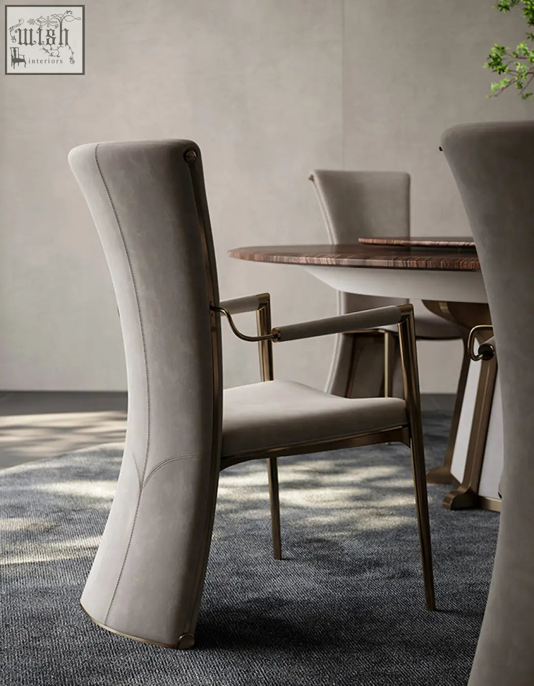 Beige albrecht high back dining chair with real leather upholstery and polished brass frame offers financing and low shipping cost