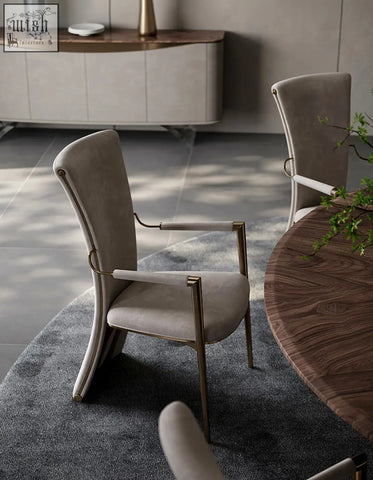 Beige upholstered albrecht high back dining chair with real leather and sleek brass frame offer financing available