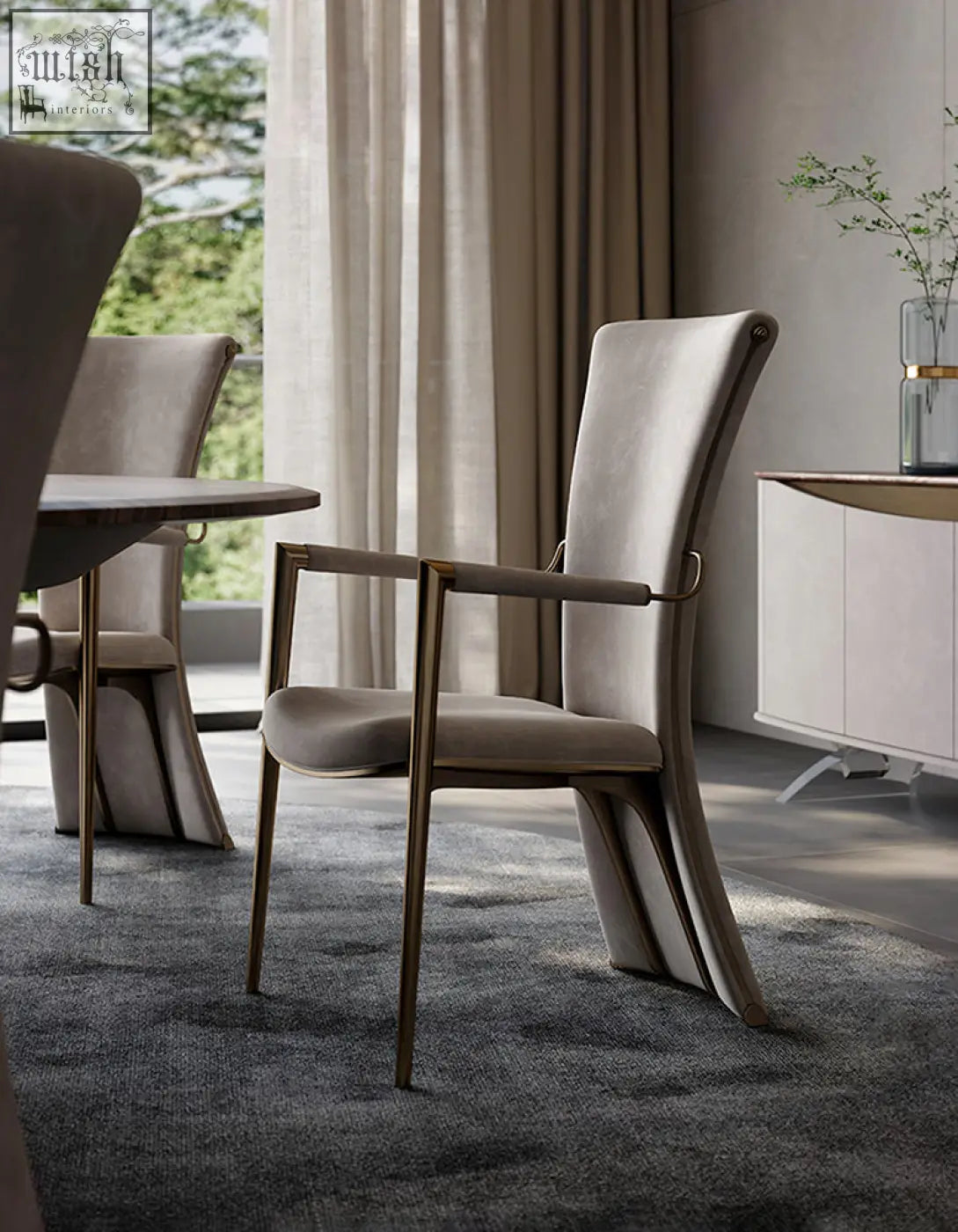 Beige albrecht high back dining chair with real leather upholstery and sleek gold-toned metal frame offer financing available