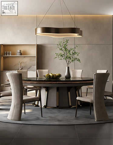 Modern bronze-toned pendant light with sleek curved design above all real leather albrecht high back dining chair offering financing and low shipping cost
