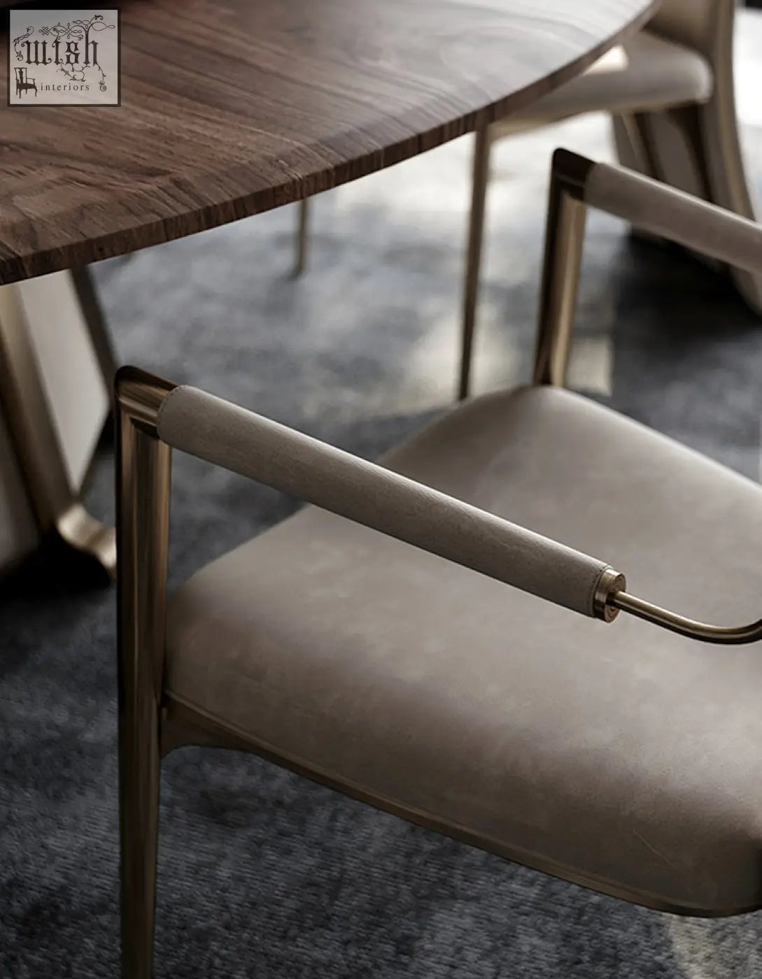 Albrecht high back dining chair with sleek metallic frame and soft beige real leather upholstery offer financing available