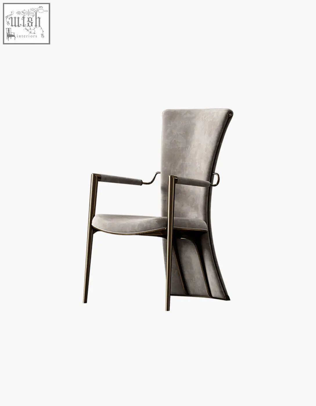 Albrecht high back dining chair in soft gray real leather with curved velvet upholstery and slender metallic legs offering financing and low shipping cost