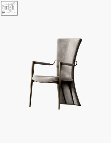Albrecht high back dining chair in soft gray real leather with curved velvet upholstery and slender metallic legs offering financing and low shipping cost