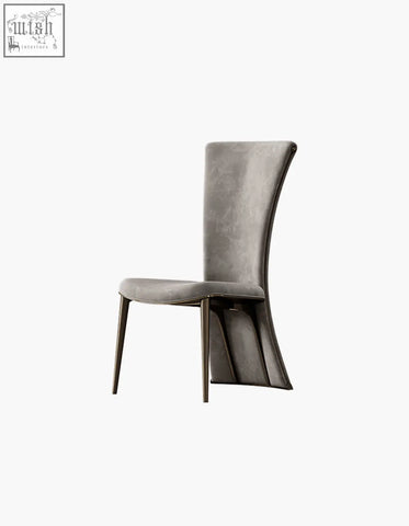 Albrecht high back dining chair in soft gray real leather with curved backrest and slender metal legs offer financing available