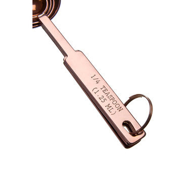 Alchemist rose gold measuring spoons set with rose gold finish and engraved 1 4 teaspoon markings with hanging ring