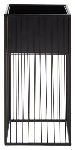 Black metal alden floor standing planter with vertical slats and a rectangular top for stylish indoor plants