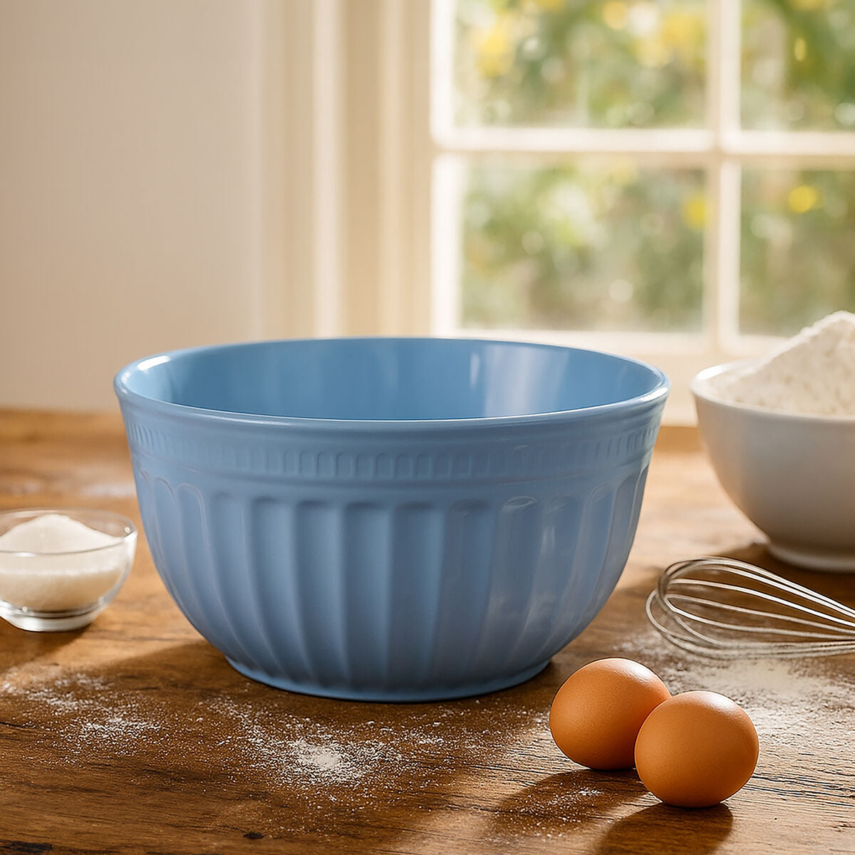 A light blue alden melamine extra large mixing bowl with vertical ridges and a subtle textured rim