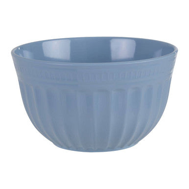 A light blue ceramic mixing bowl with vertical ribbed texture in the alden melamine extra large blue mixing bowl style