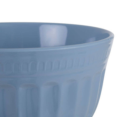 Light blue ceramic mixing bowl with vertical ridges and embossed rim detail in alden melamine extra large blue style