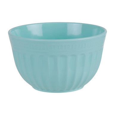 A smooth light blue ceramic mixing bowl with vertical ridges not the alden melamine extra large green bowl