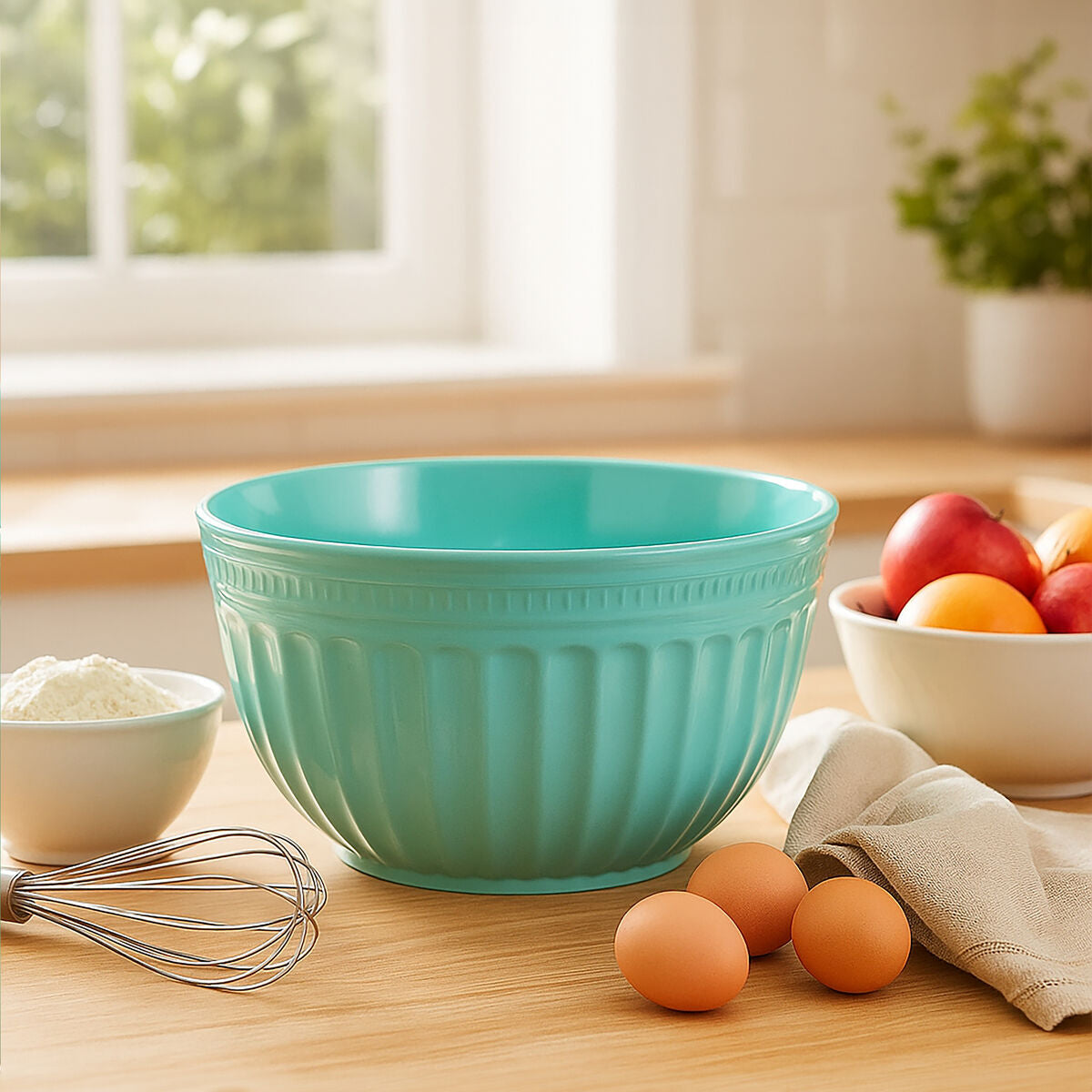 A teal aldren melamine extra large green mixing bowl with ribbed texture and glossy finish on a wooden countertop