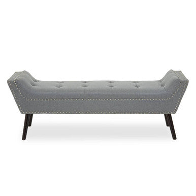 Gray tufted alea grey fabric bench with black legs and nailhead trim for stylish seating or decor