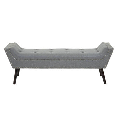Alea grey fabric bench with tufted grey fabric, black legs, and silver nailhead trim for stylish seating