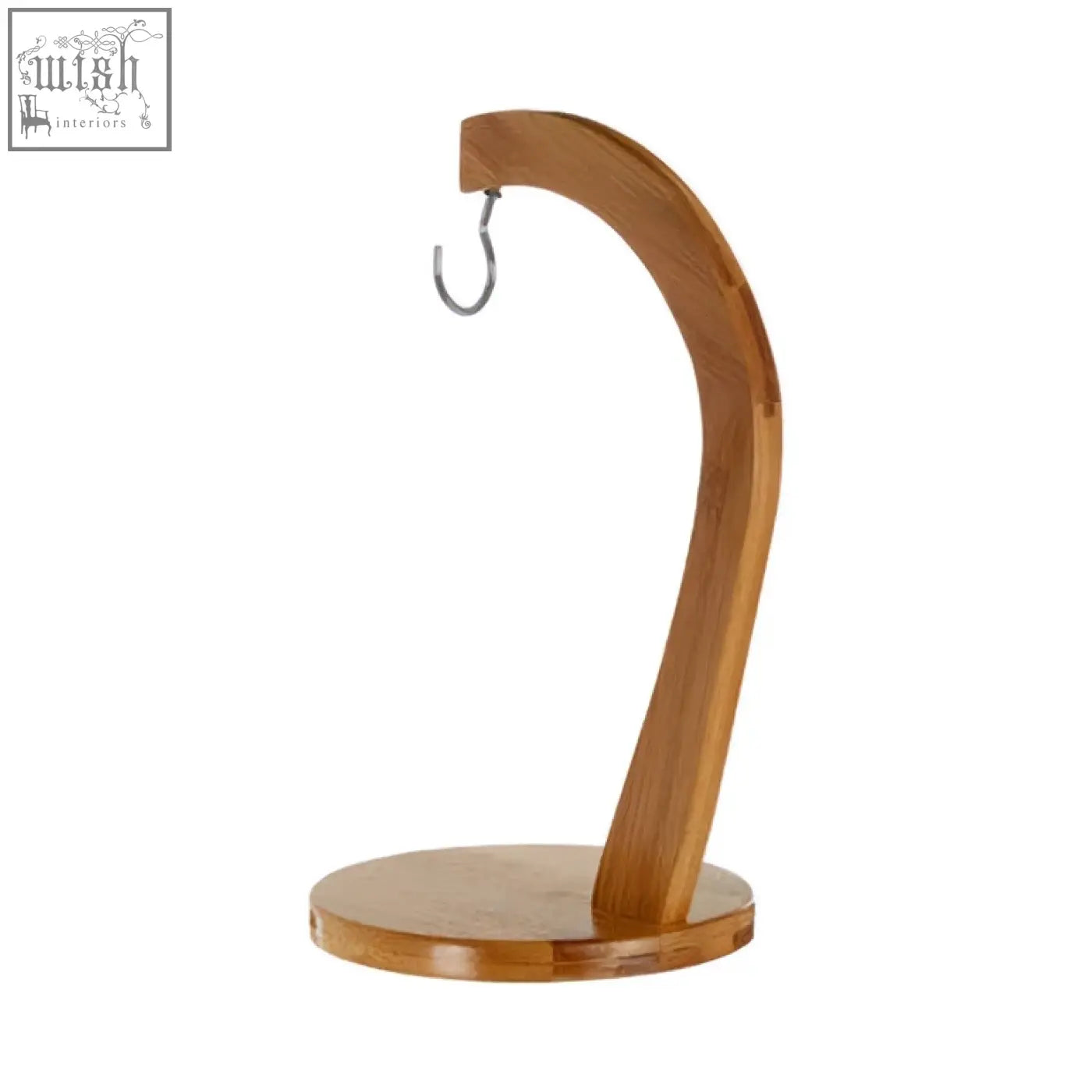 Aleiki bamboo banana hanger with a sleek curved wooden hook and sturdy circular base for hanging bananas
