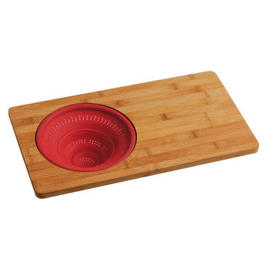 Aleki bamboo chopping board with red silicone colander for easy bamboo chopping and food prep