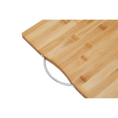 Aleiki extra large light brown bamboo cutting board with silver aluminium handle for kitchen prep
