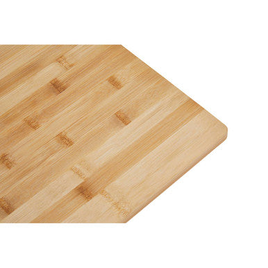 Light-colored aleki extra large bamboo cutting board with smooth natural wood grain and aluminum handle