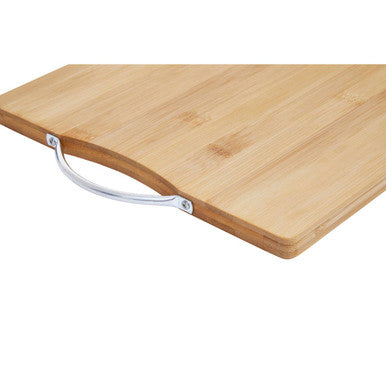 Aleiki large bamboo chopping board with light brown natural bamboo surface and sturdy silver aluminium handle