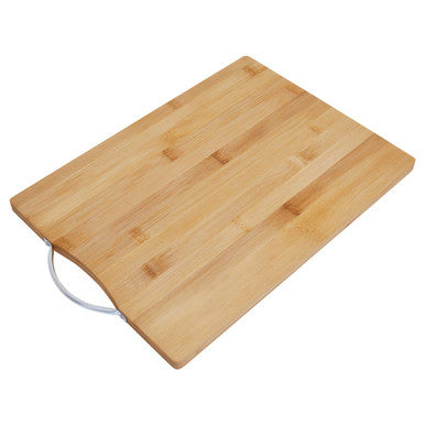 Light-colored aleki large bamboo chopping board with smooth natural wood grain and white plastic handle loop