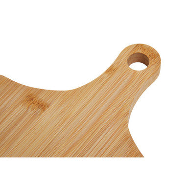 Light brown bamboo serving board with smooth natural grain and rounded handle from aleki set of three bamboo chopping boards