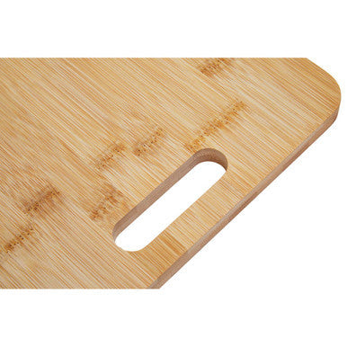 Light brown aleki set of three bamboo chopping and serving boards with smooth wood grain and oval handle cutout