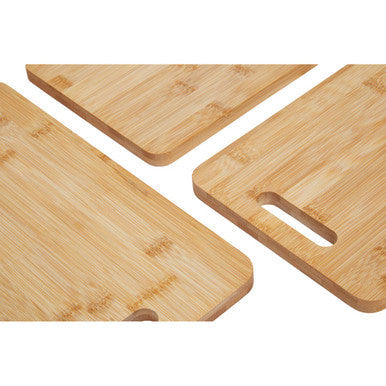 Light brown aleki set of three bamboo chopping and serving boards with natural grain and handles for easy carrying