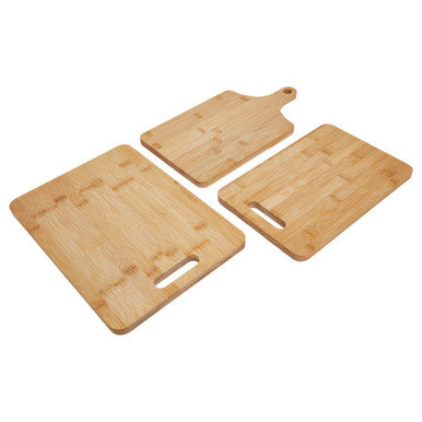 Set of three bamboo chopping and serving boards in natural color with handles from aleki set