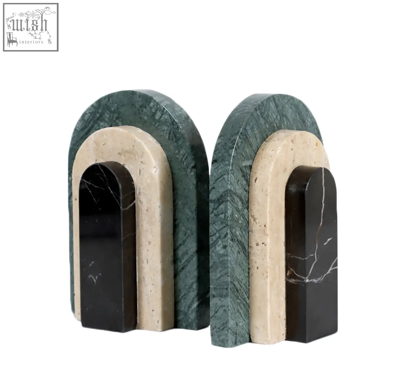 Elegant alexis stone bookends in layered green marble with beige and black veining for stylish book support