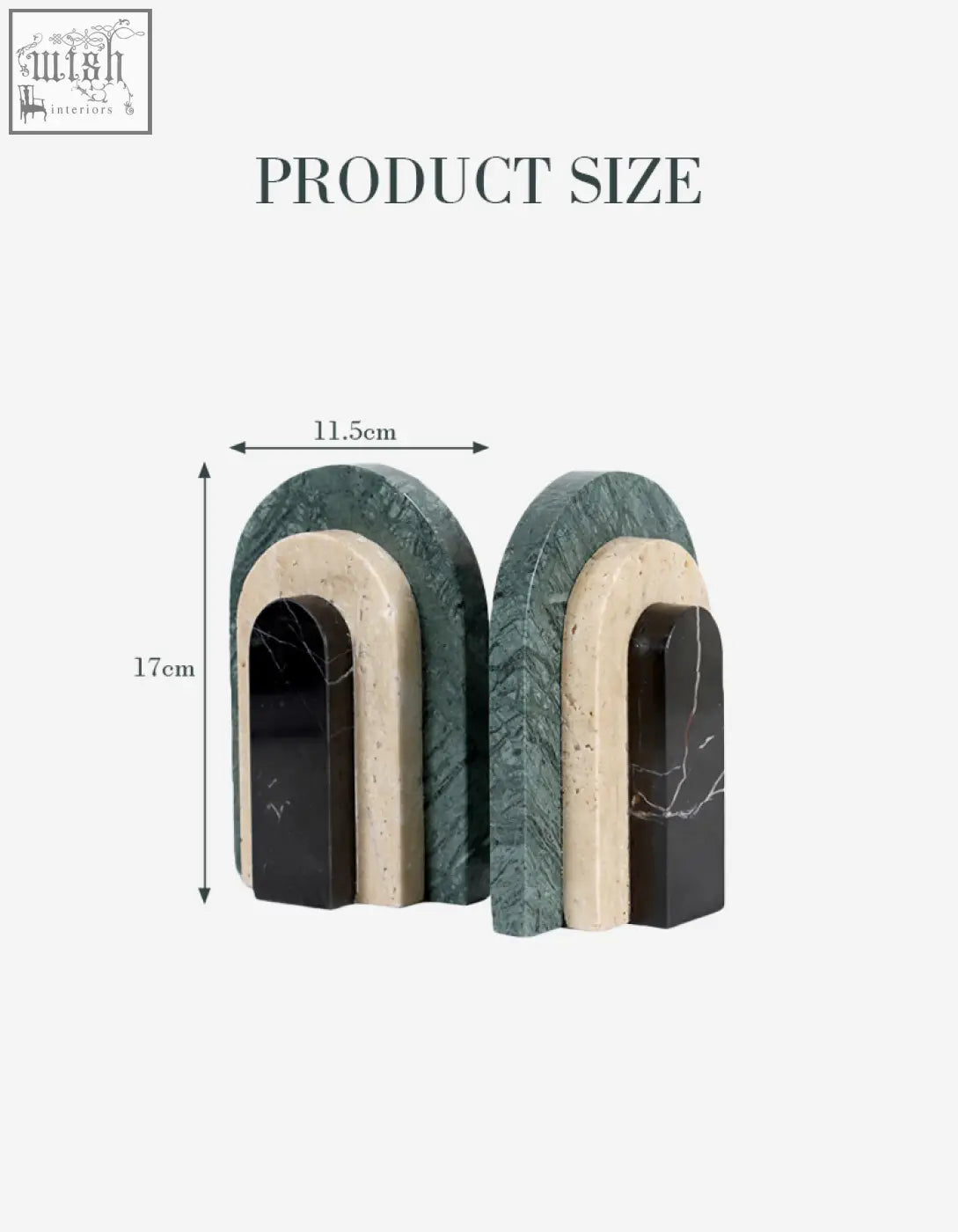 Elegant alexis stone bookends with arched marble design in green, creamy beige, and black stone bookends