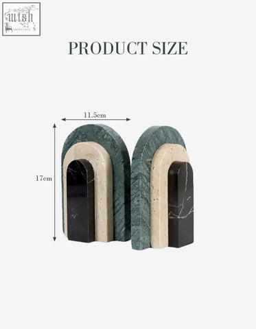 Elegant alexis stone bookends with arched marble design in green, creamy beige, and black stone bookends