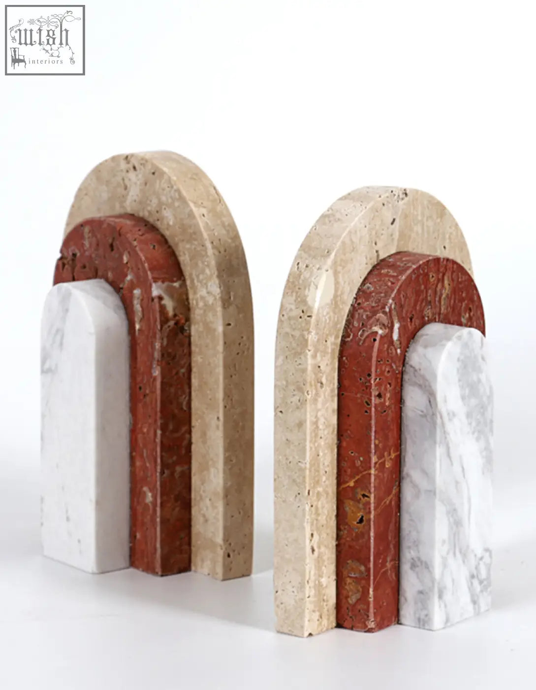 A pair of alexis stone bookends made from beige terracotta red and white marble perfect stone bookends for shelves