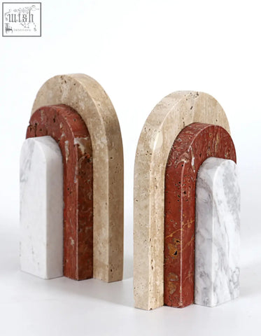 A pair of alexis stone bookends made from beige terracotta red and white marble perfect stone bookends for shelves