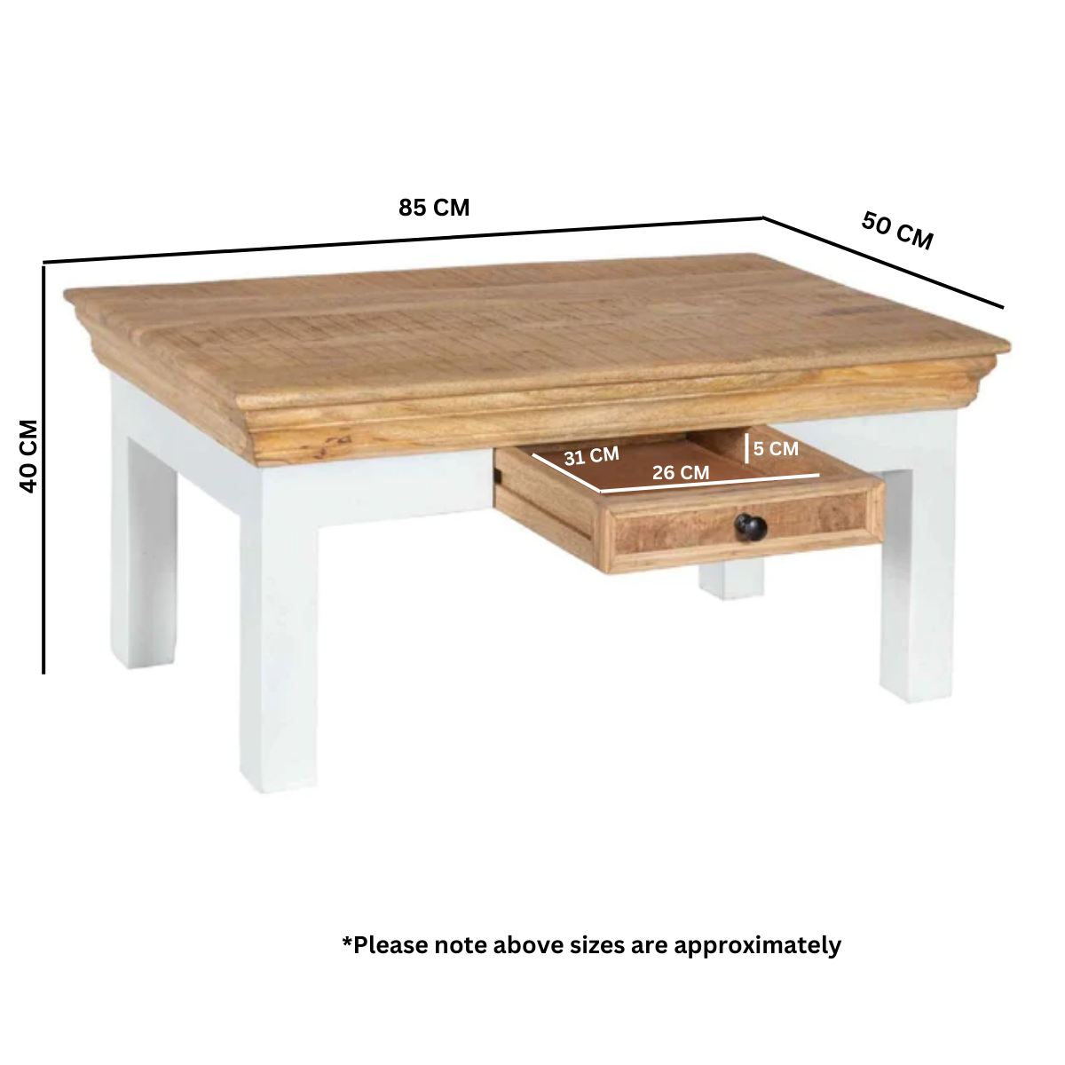Rectangular alfie coffee table with drawer made of solid mango wood featuring light wood top and white legs