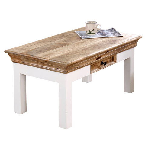 Alfie coffee table with drawer featuring a light brown reclaimed mango wood top and white painted legs with black handles