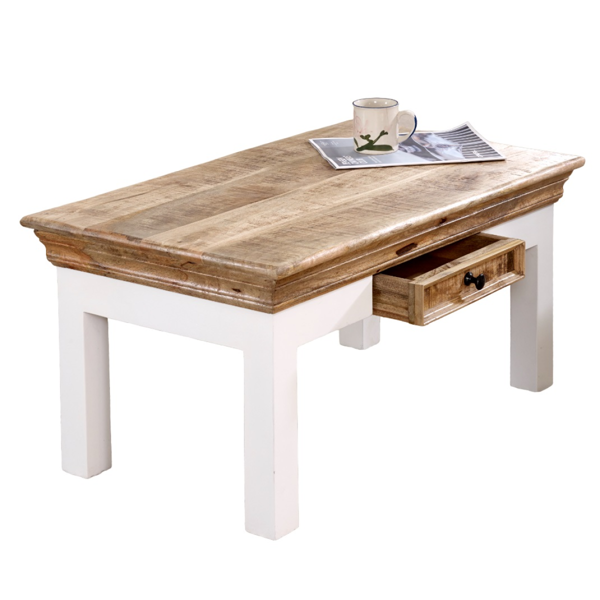 Rustic alfie coffee table with drawer made of solid light mango wood and white painted legs with drawer pulled out
