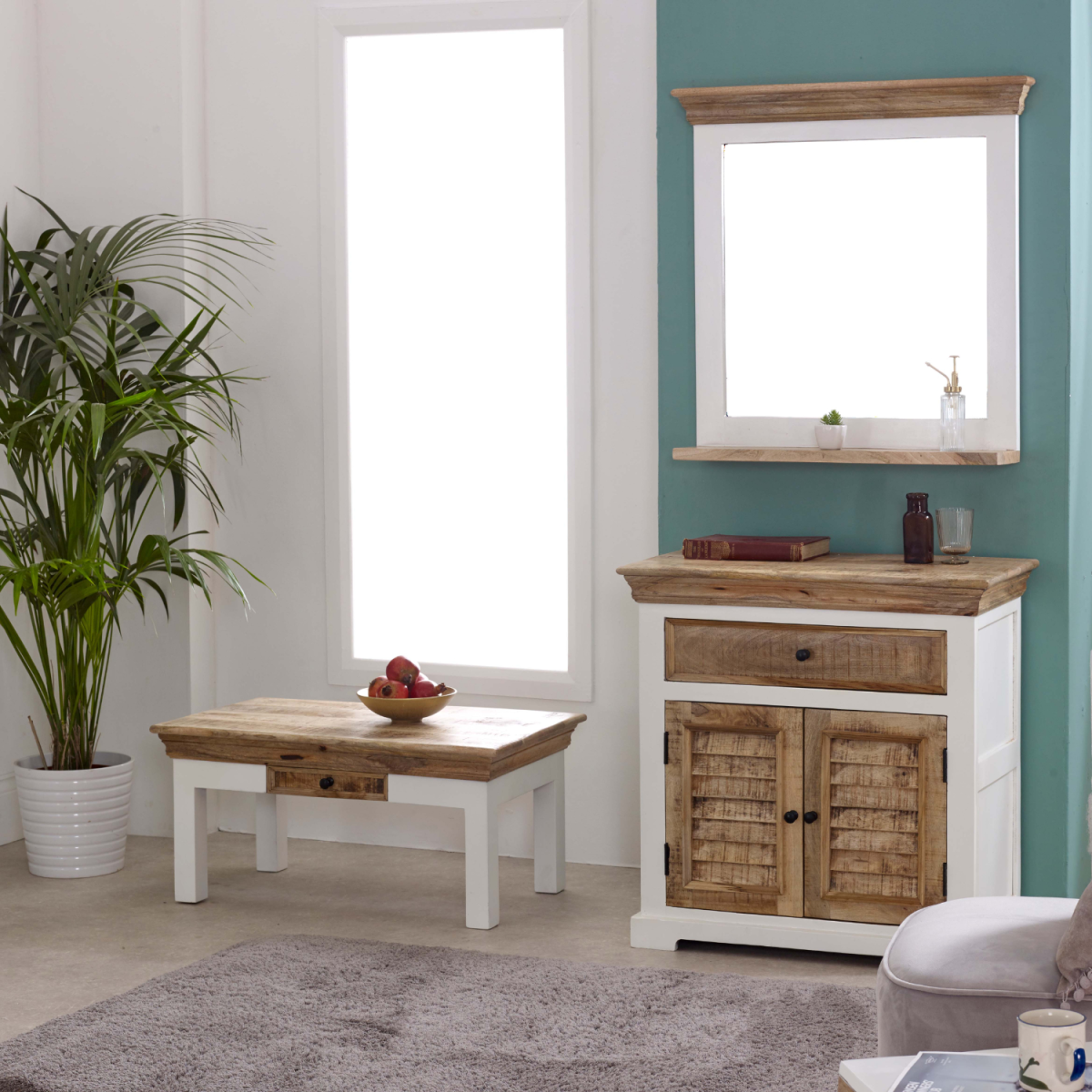 White and natural wood rustic cabinet with woven slat doors and shelf in solid mango wood perfect for storage