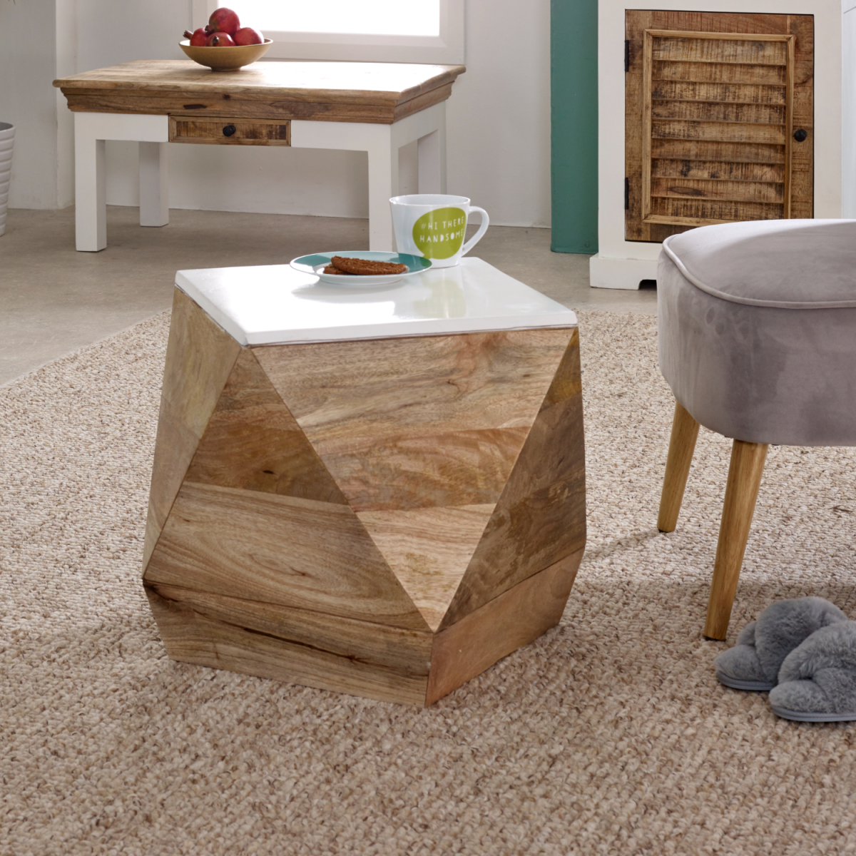 Geometric wooden alfie side table with white glossy top and natural mango wood angular sides