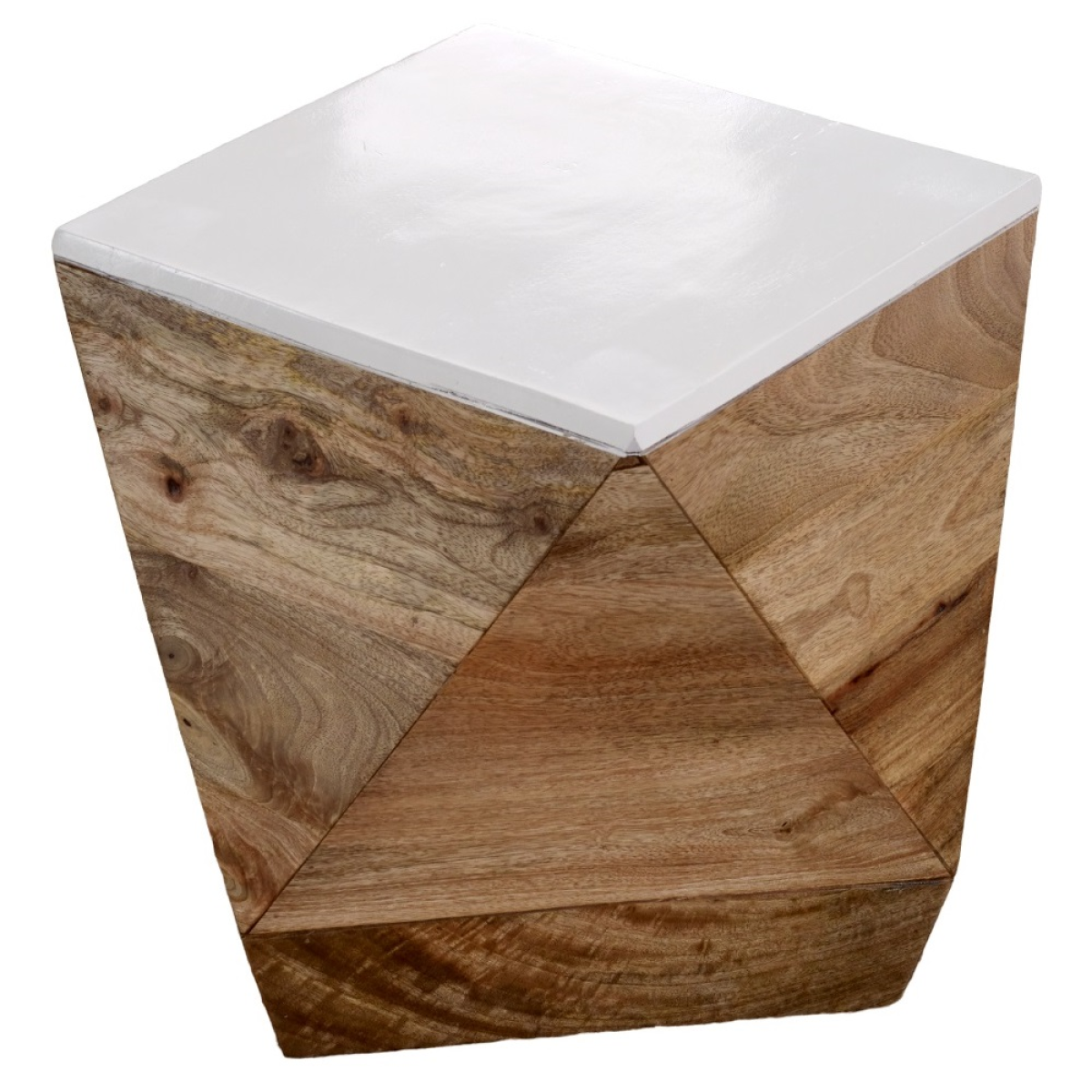 Alfie side table with white glossy top and natural mango wood sides showing grain patterns for stylish living rooms