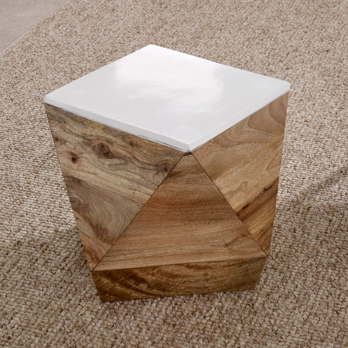 Alfie side table with geometrically faceted mango wood base and smooth white ceramic top for stylish decor