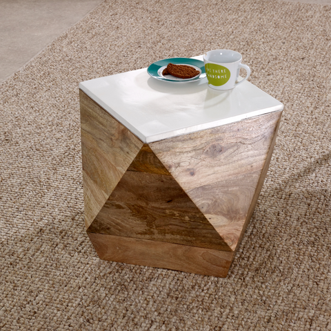 A modern alfie side table with a white glossy top and angular natural mango wood base