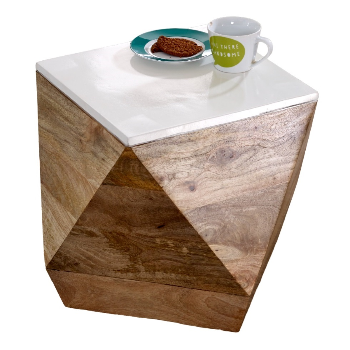 A modern alfie side table with a white glossy top and natural mango wood faceted sides