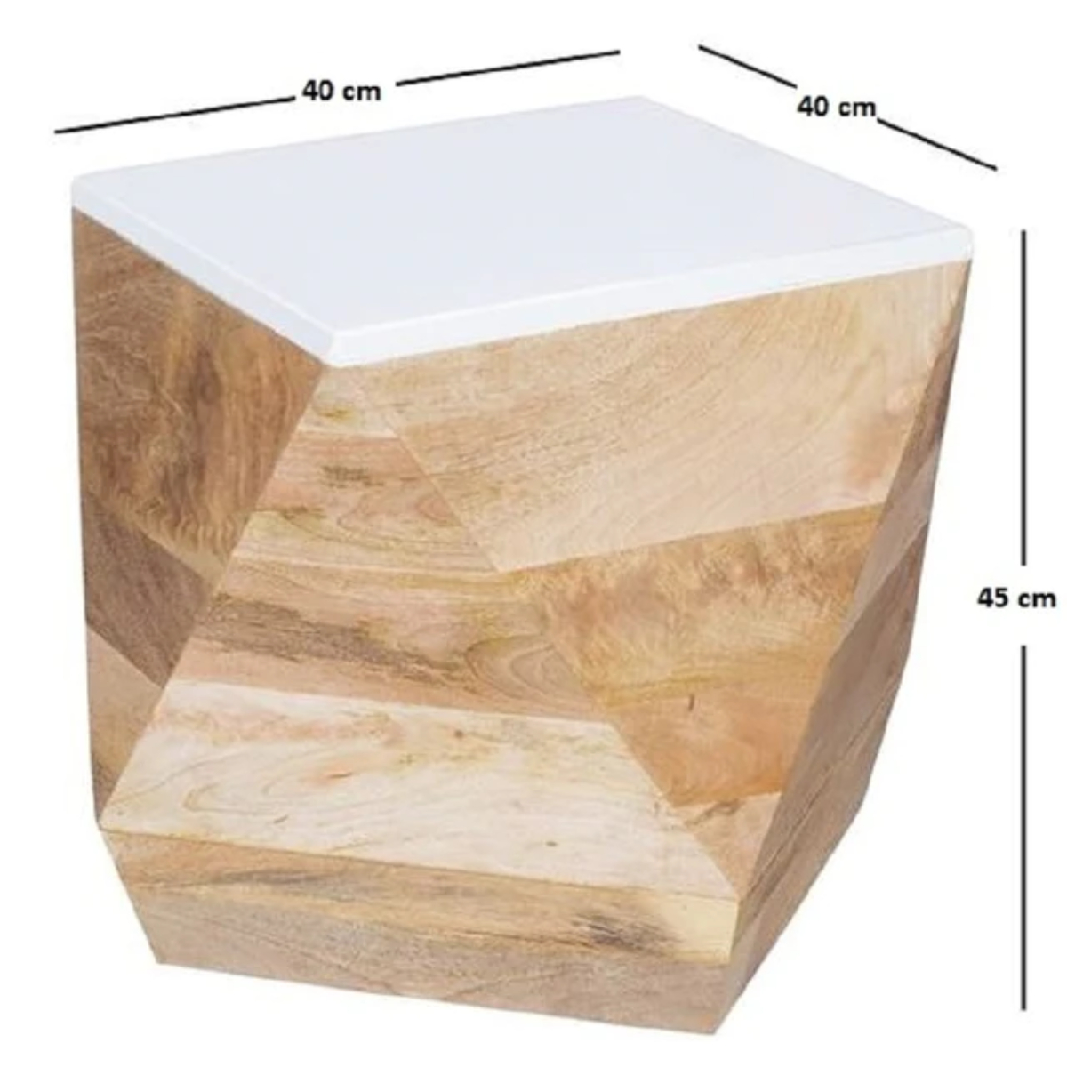 Alfie side table with a white top and natural mango wood geometric sides in a modern faceted design