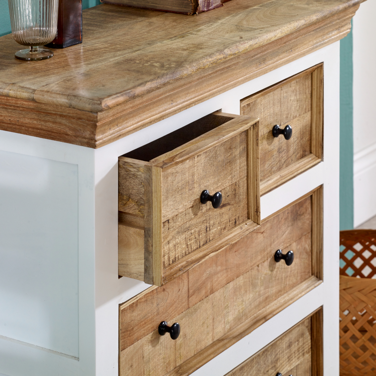 Rustic alfie solid mango wood chest of drawers with white frame natural drawers and black round knobs