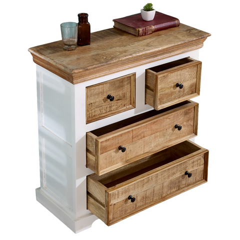 Rustic alfie solid mango wood chest of drawers with white frame and natural finish featuring black knobs