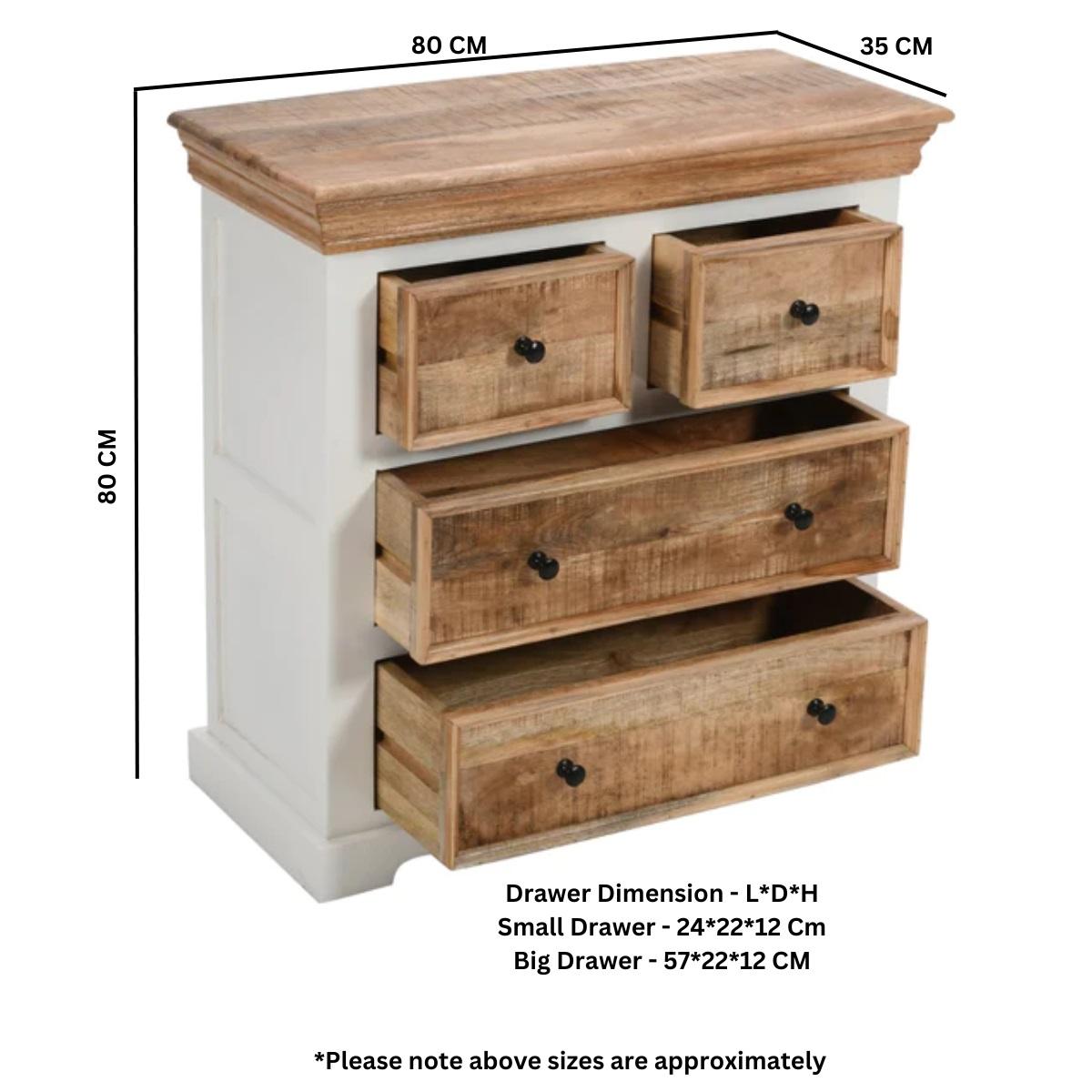 White and natural wood chest of drawers with four drawers made from solid mango wood called alfie