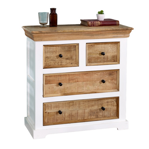 White and natural wood alfie solid mango wood chest of drawers with four drawers and black round knobs